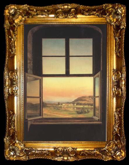 framed  Johan Christian Dahl Window with a view of Pillnitz Castle (mk10), ta009-2